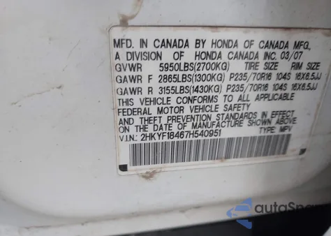 2007 Honda Pilot Ex from USA, damaged, VIN 2HKYF18467H540951